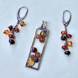 Vintage Sterling Silver Multicolor Amber Frame Pendant & Earrings Set Modernist